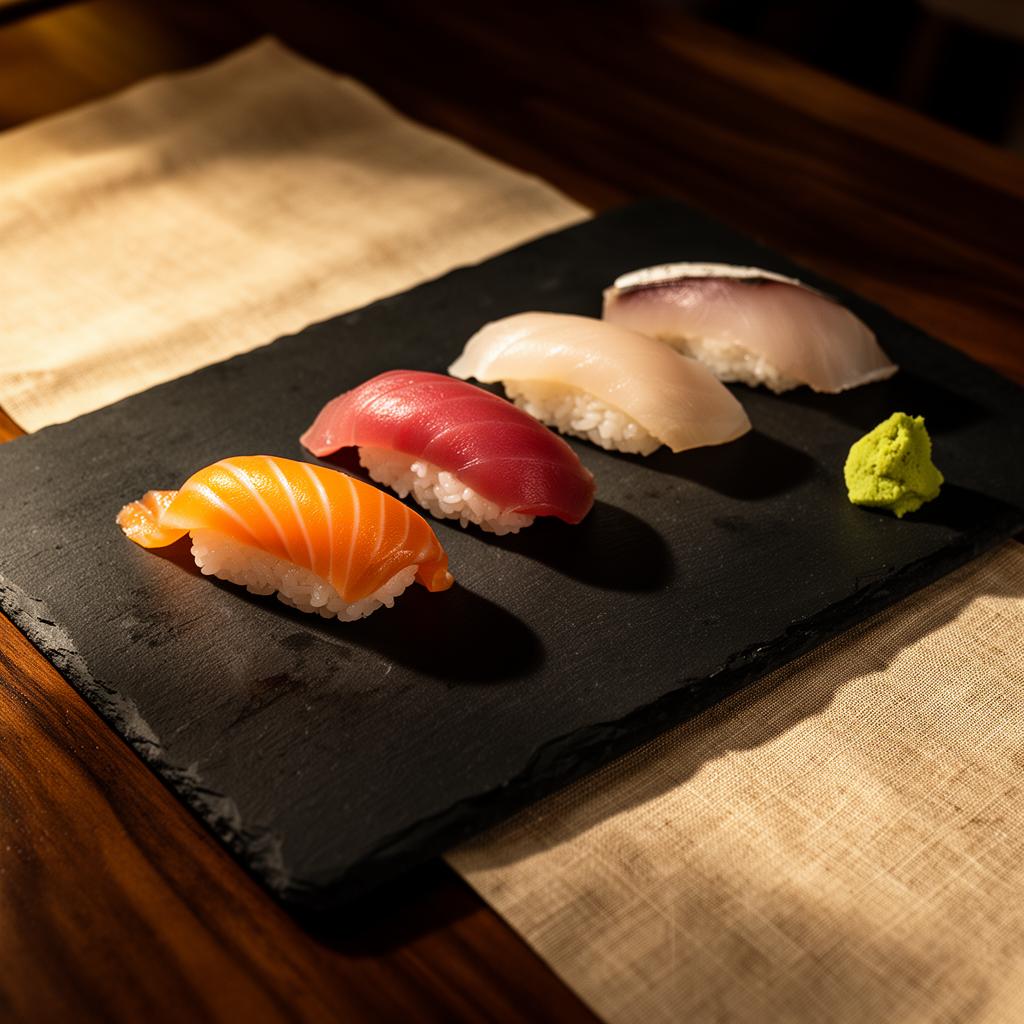 Omakase Nigiri — Salmon, tuna, hamachi over warm vinegared rice.