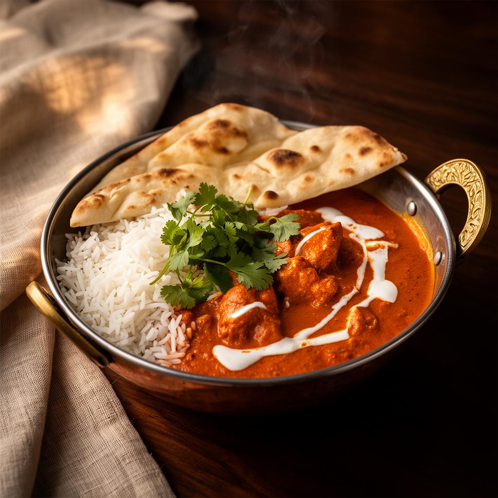 Butter Chicken — Tomato-cream curry, basmati rice, fresh naan.