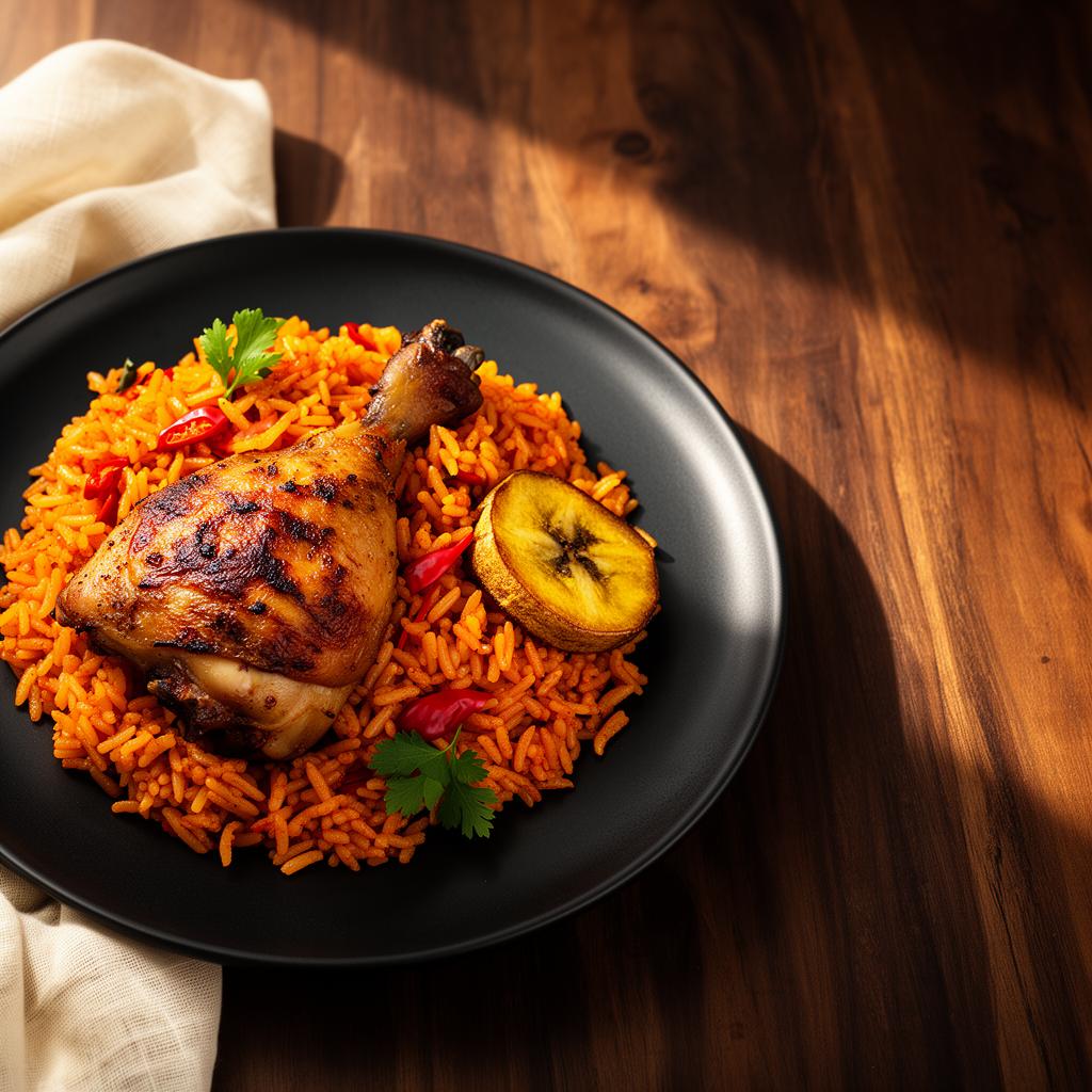 Jollof Rice — Smoky long-grain rice, scotch bonnet heat, grilled chicken.