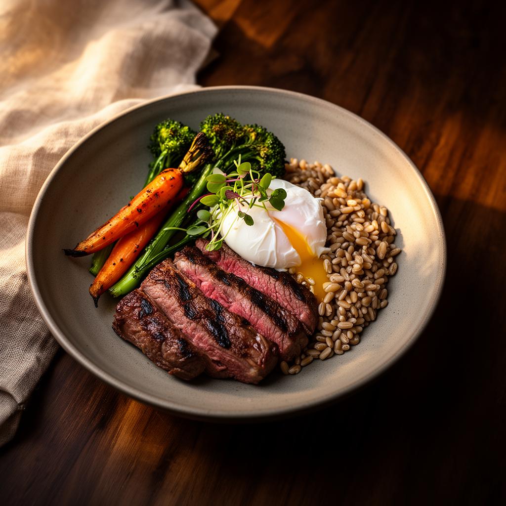 Modern Wellness Bowl — Grilled ribeye, farro, heirloom carrots, broccolini, poached egg.