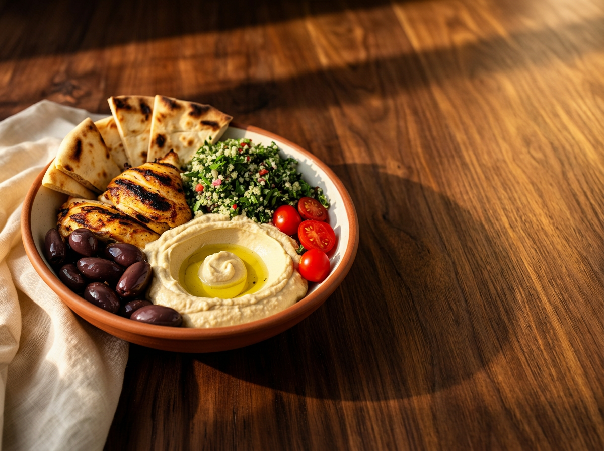 Mediterranean Bowl — Grilled lemon chicken, hummus, tabbouleh, charred pita.